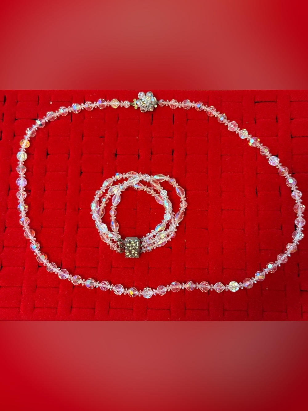 Crystal Aurora Borealis Beaded Necklace and Bracelet Set - Clear